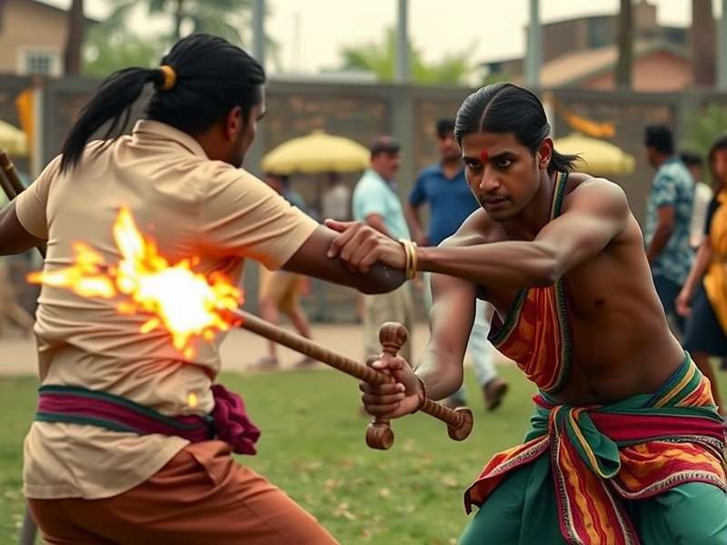 Combat scene in Bharat Game Blend showing Silambam staff fighting style from Tamil Nadu